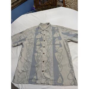 Tommy Bahama Men’s Grey Beige Geometric Vintage Silk Button Up Shirt Size Large